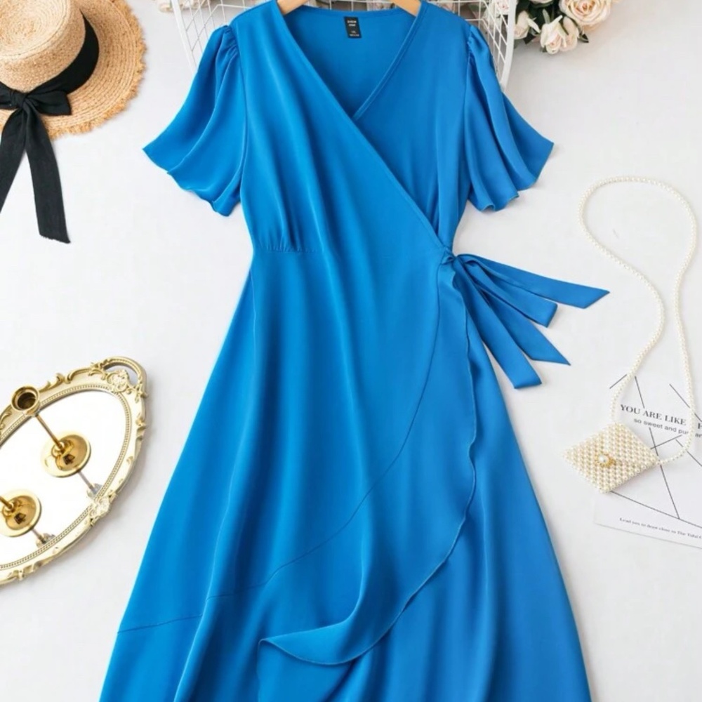 SHEIN LUNE Plus Solid Knot Side Wrap Dress Blue